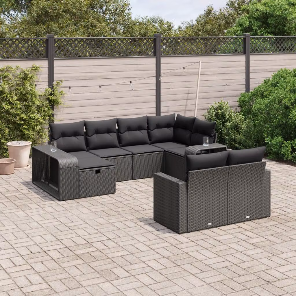 vidaXL Set Divani da Giardino a Forma di U con 10 Pezzi e Cuscini, Polyrattan e Metallo, Nero – 1