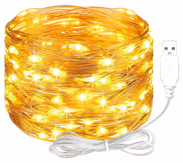 Catena luminosa a LED con alimentazione USB, 5 metri, 50 LED bianco caldo, cavo in rame