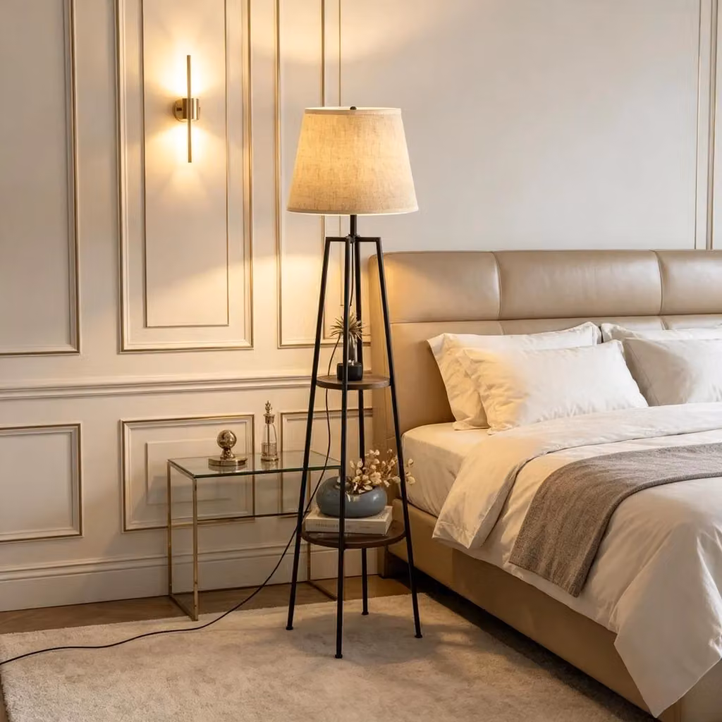 Lampada da terra moderna con base a tre gambe in metallo e paralume cilindrico in tessuto beige, con ripiani integrati e attacco E27 – 2