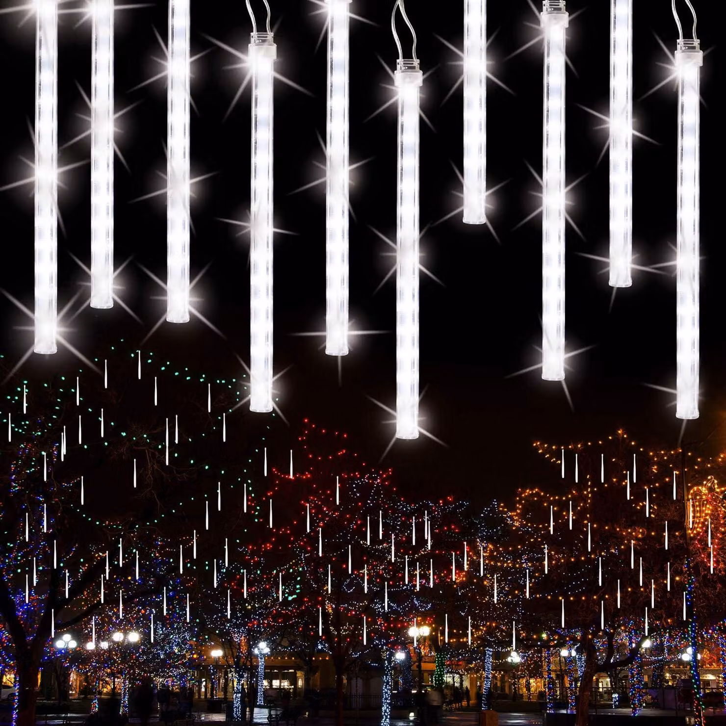 Catena luminosa a forma di meteora, con 240 LED, 10 elementi luminosi, impermeabile, ideale per l'illuminazione esterna