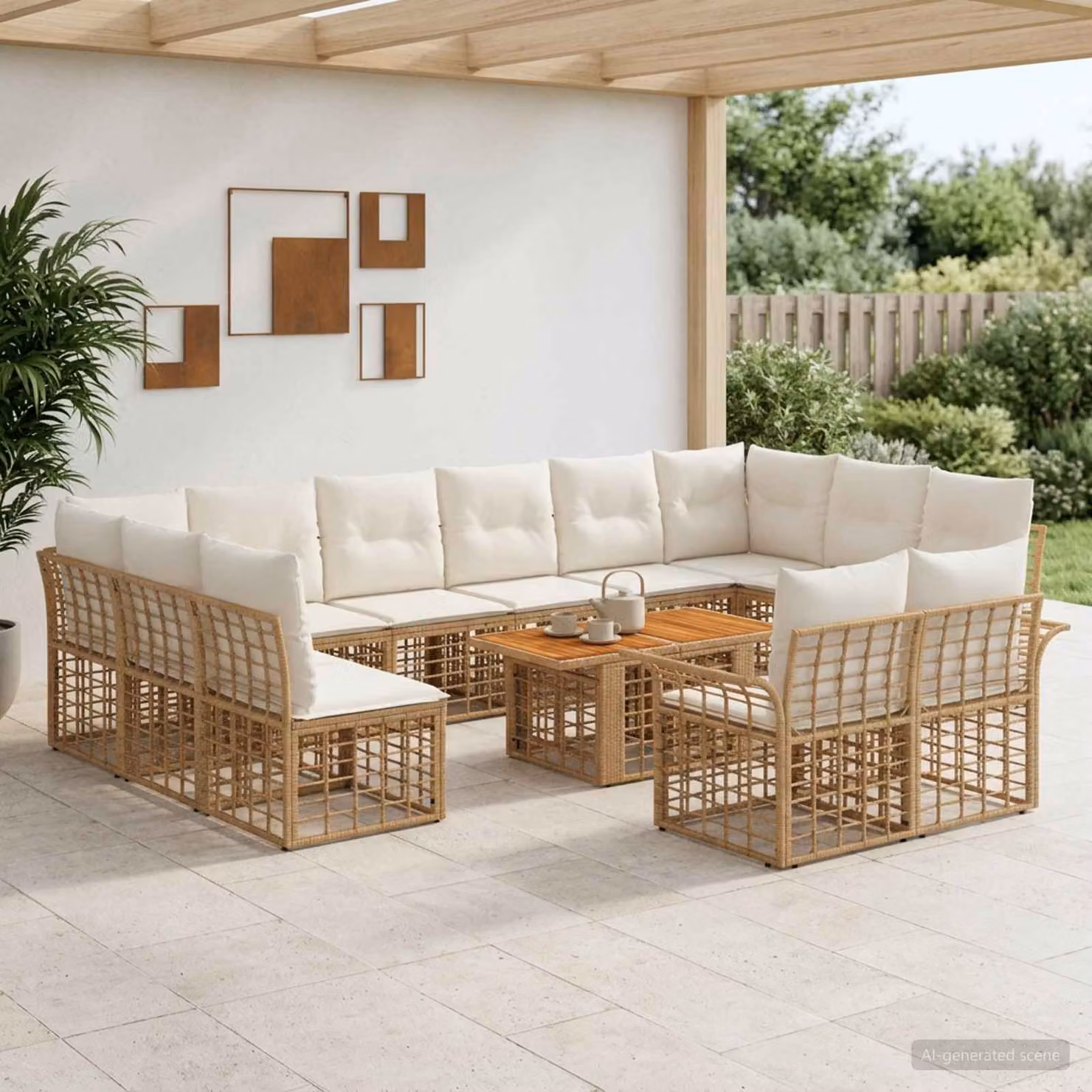 Set Divano da Giardino vidaXL 13 pz in Polyrattan e Legno di Acacia, Colore Naturale e Bianco Crema