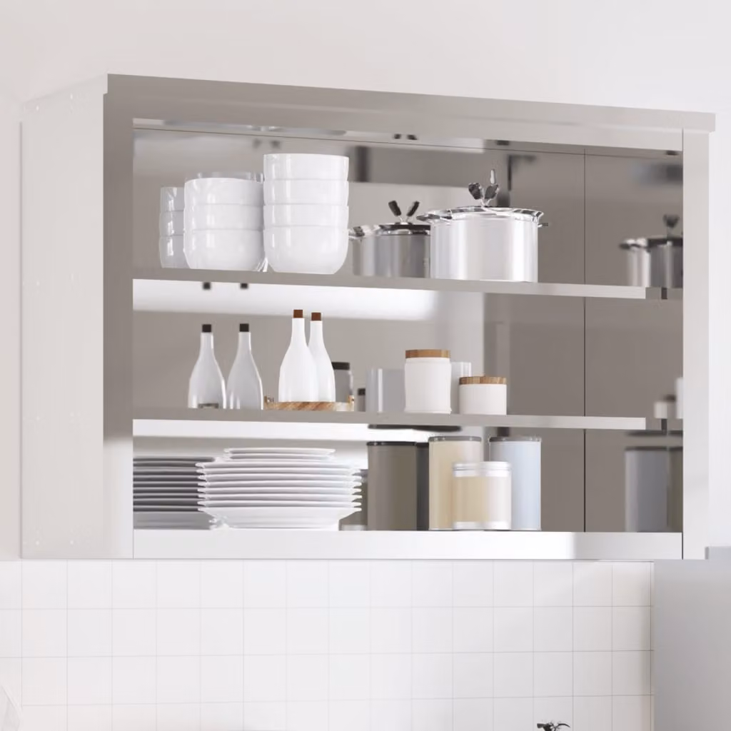 Mobile Cucina da Parete vidaXL con Ripiani in Acciaio e Ante in Vetro, Bianco e Argento, L: 110 cm, H: 75 cm, P: 40 cm