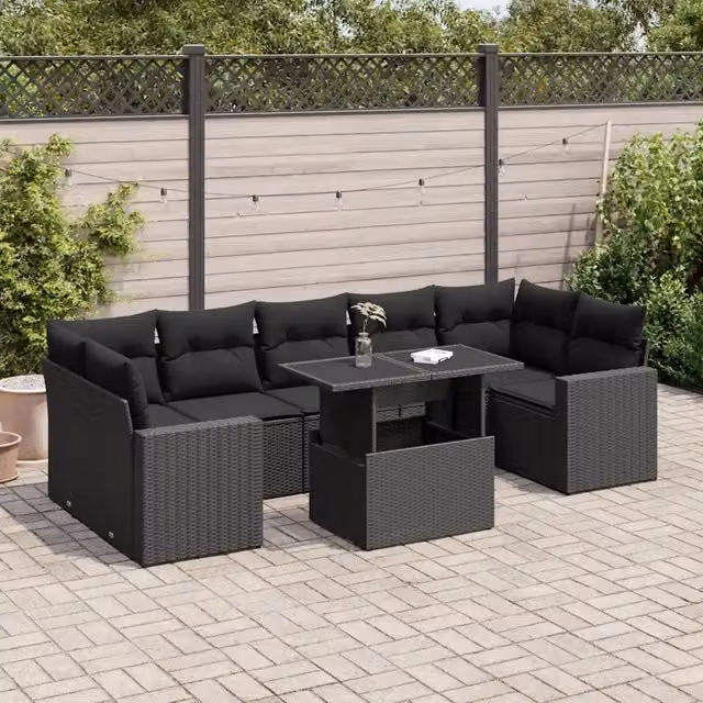 Set Divani da Giardino con Cuscini 8 pz Nero in Polyrattan 3326276