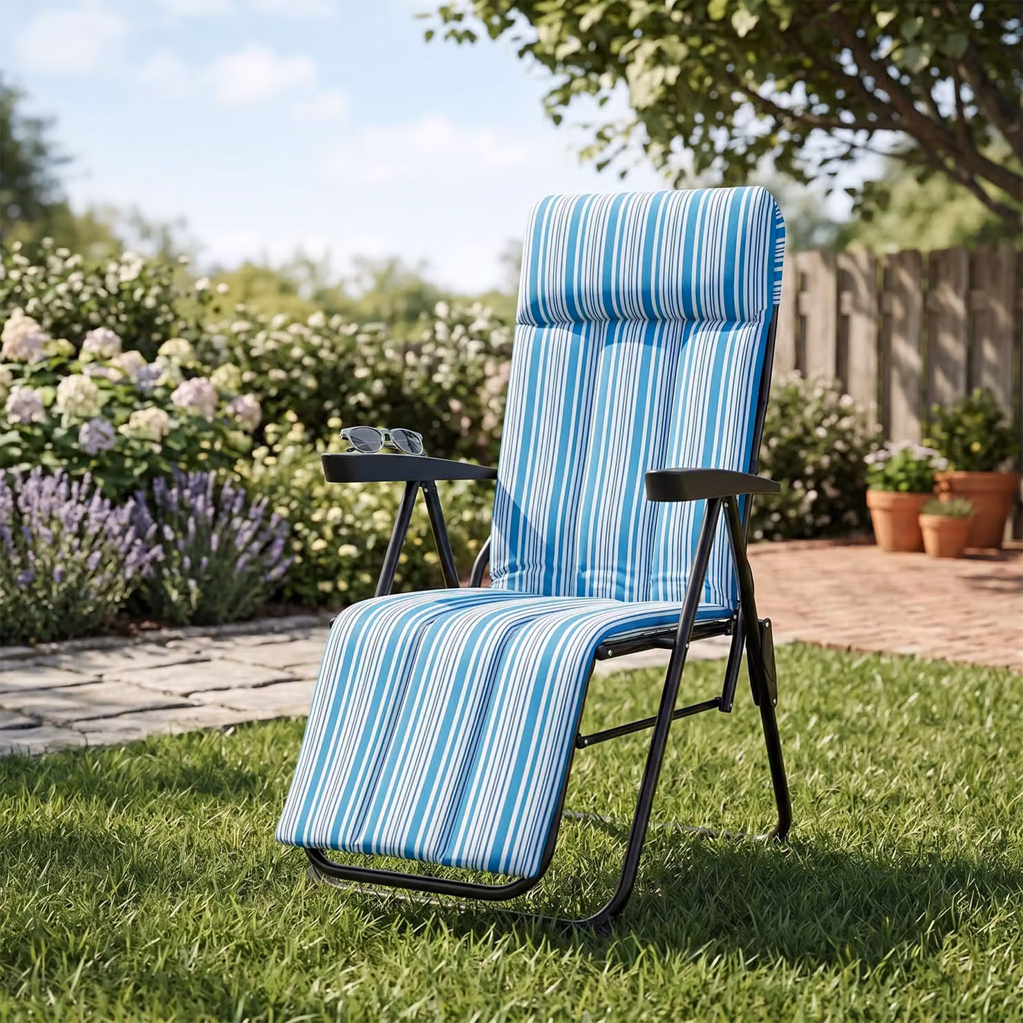 Sedia a sdraio reclinabile da giardino Costway con cuscino morbido, braccioli curvi e poggiatesta regolabile, lettino prendisole pieghevole blu a righe in acciaio verniciato a polvere