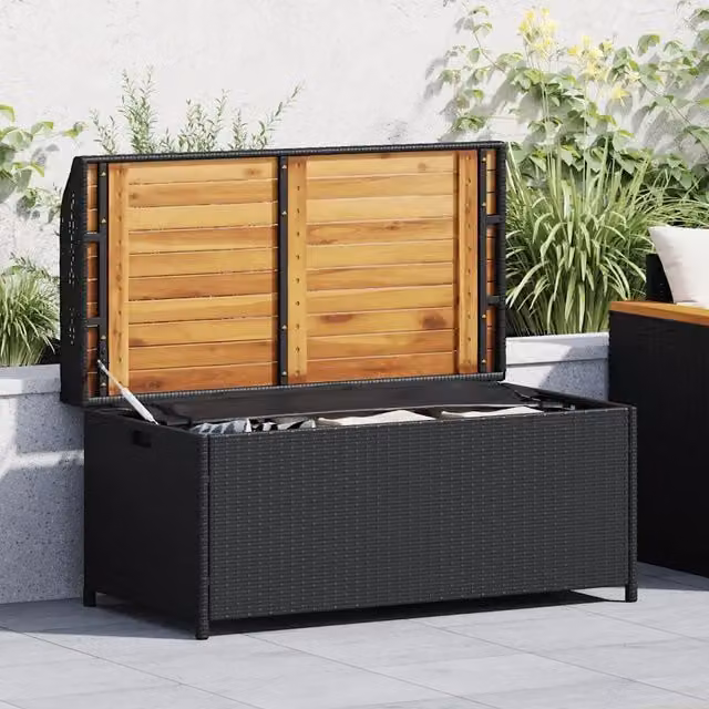 Panca portaoggetti vidaXL in polyrattan e legno di acacia, colore nero e marrone, L/P/H: 110 x 48 x 52 cm – 1