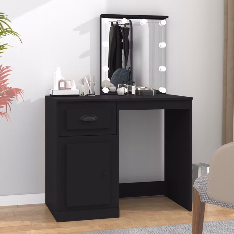 The Living Store Comodino con LED nero 90x50x132,5 cm in materiale ligneo