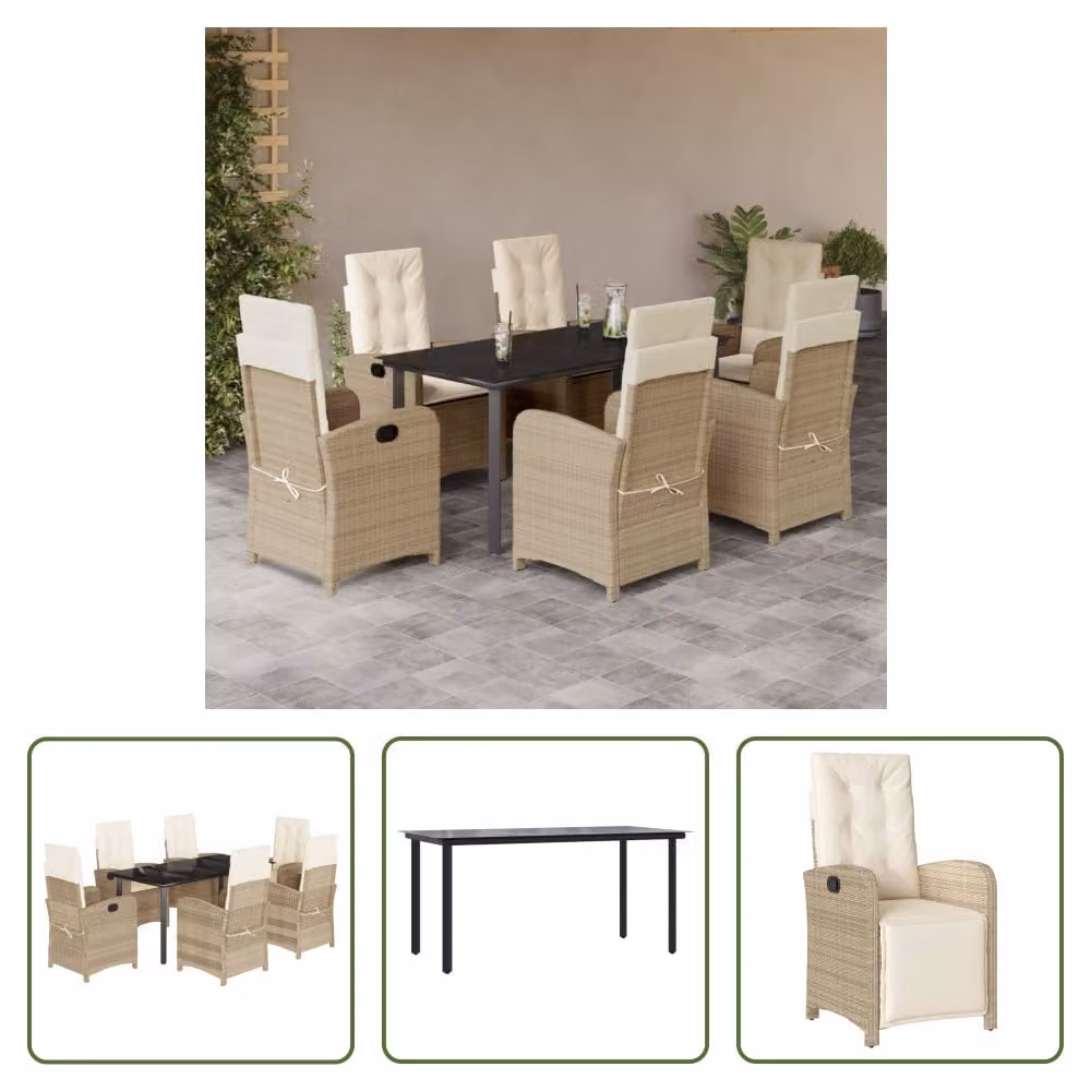 The Living Store Set da pranzo da giardino 7 pezzi con cuscini Beige poly rattan