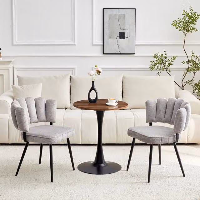 Set tavolo e 2 sedie da pranzo con schienale a petali, piano robusto in MDF e metallo, noce, nero e grigio chiaro