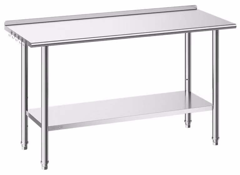 Tavolo da lavoro in acciaio inossidabile, 61x152 cm, tavolo per la preparazione di alimenti con schienale, postazione di lavoro per cucina professionale con ripiano inferiore regolabile, robusto tavolo da lavoro in metallo, adatto per ristoranti, uso dome