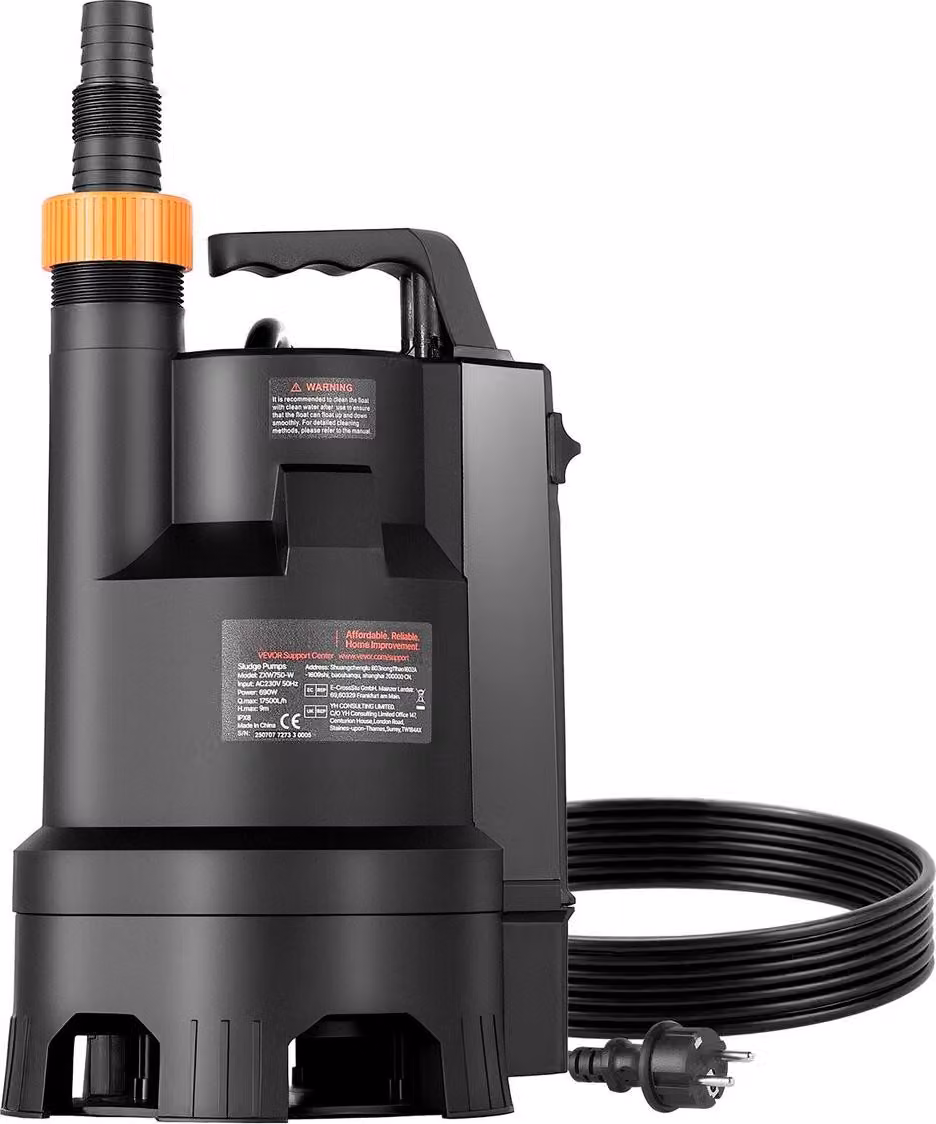 Pompa sommergibile per pozzi neri da 690 W, 17500 L/H, PP-GF20 Pompa sommergibile per acque reflue e acque pulite con interruttore a galleggiante automatico, cavo lungo, sollevamento massimo 9 m, per piscine, giardini, laghetti, aree allagate
