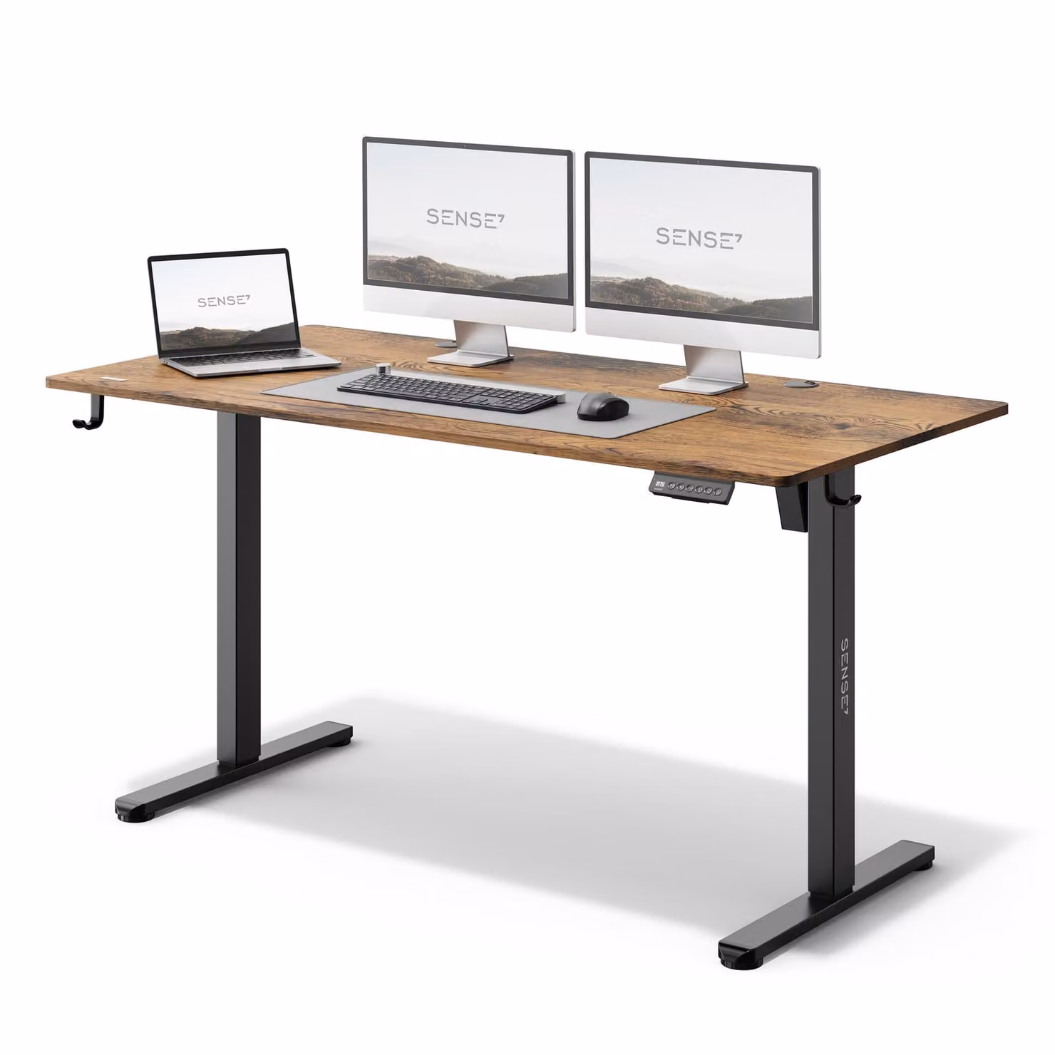 SENSE7 Nojo Scrivania regolabile in altezza 140x70 cm Elettrica Marrone scuro Scrivania da gaming Scrivania per computer Scrivania in piedi Funzione Memory Effetto legno XXL