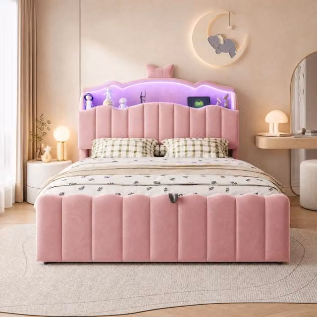 Letto imbottito per bambini 140x200 cm in velluto rosa con contenitore; LED e USB