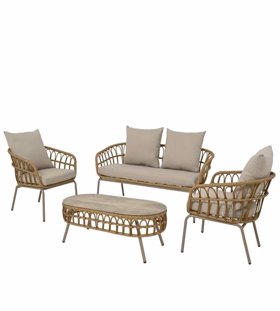 Set Amadora Salotto da Giardino in Vimini - Tavolino, Divano, 2 Sedie