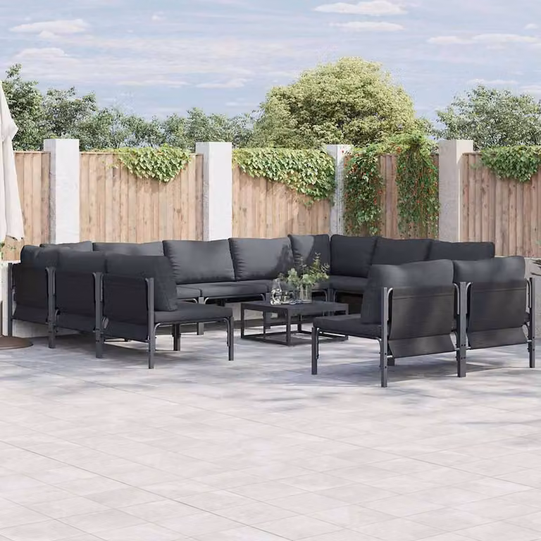 Set Divano da Giardino a L vidaXL 11 pz in Acciaio Verniciato Nero con Cuscini e Tessuto Resistente ai Raggi UV