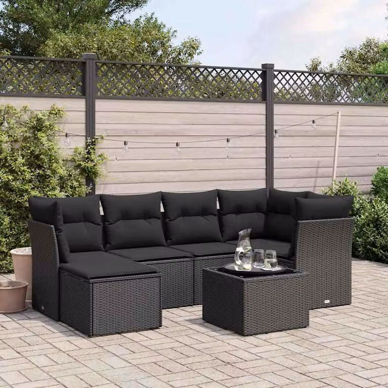 vidaXL Set Divani da Giardino a L con Cuscini 7pz Nero in Polyrattan e Acciaio