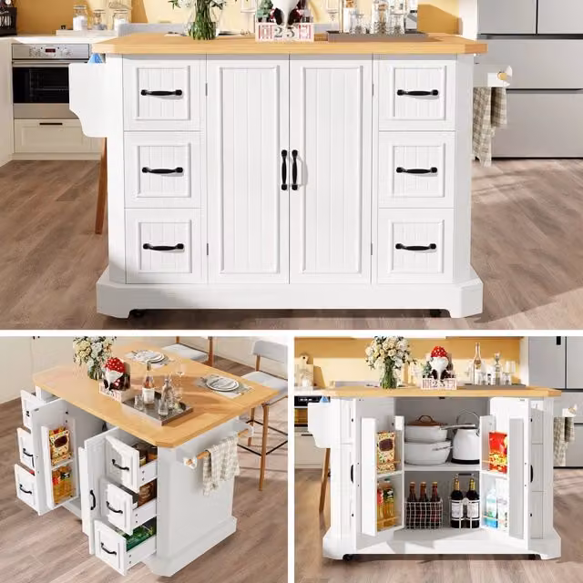 Isola Cucina Mobile con 2 Ante e 6 Cassetti ¨C MINIMAL ¨C Bianco/Nero, 120x45x91 cm