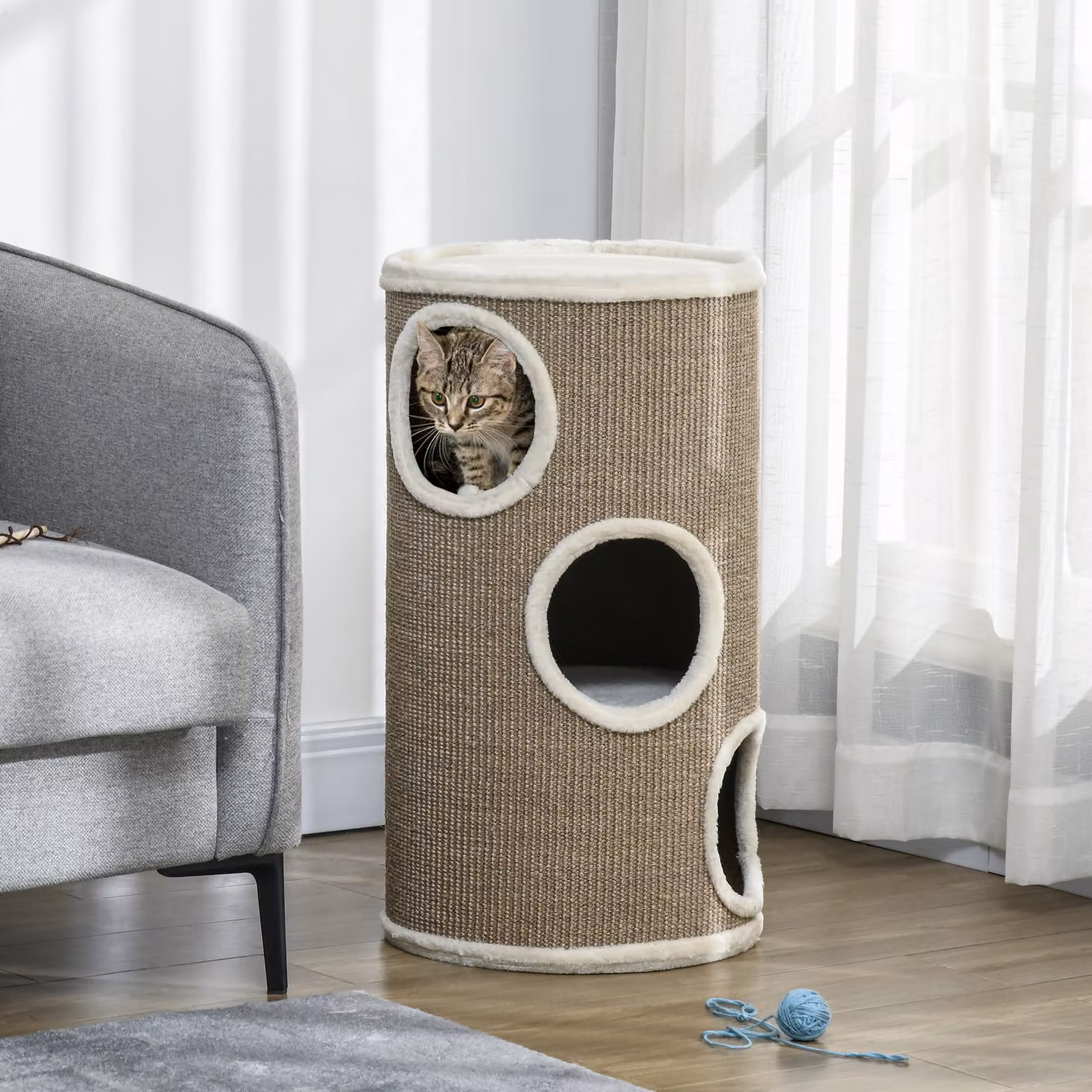 Cuccia per gatti PawHut a 3 livelli con tiragraffi in sisal e peluche, Marrone, Ø 38 x 70 cm – 2
