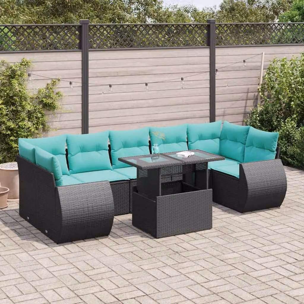 Set di divani da giardino vidaXL a forma di L con cuscini e tavolino da esterno in polyrattan e legno di acacia, 8 pezzi