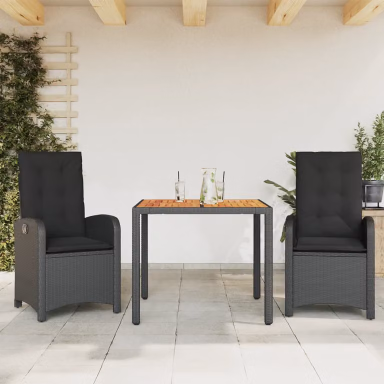 Set da pranzo da giardino vidaXL in polyrattan nero e legno di acacia con cuscini e tavolo in vetro