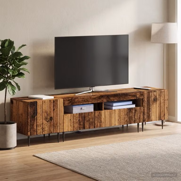 Mobile TV LED vidaXL ZWOLLE in legno antico con illuminazione integrata e scomparti multimediali, colore marrone e grigio