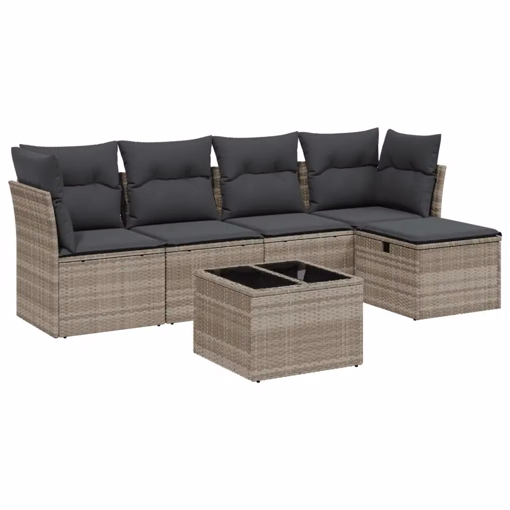 Set da giardino moderno vidaXL composto da 6 pezzi con divano a L, tavolino e cuscini grigi in rattan e metallo – 2