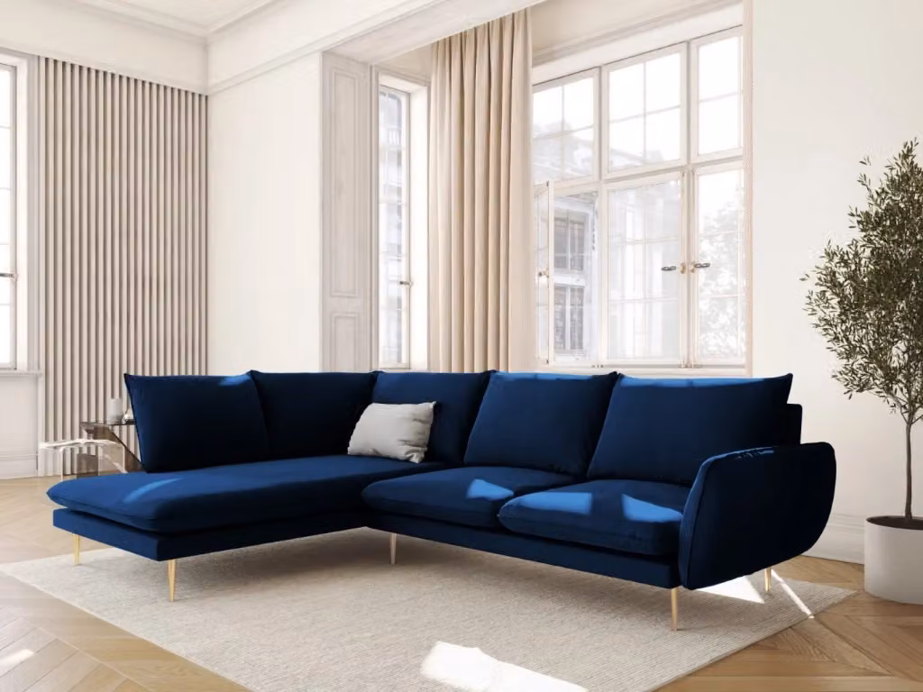 Divano angolare sinistro Vienna di Cosmopolitan Design in velluto blu reale da 6 posti con struttura in metallo L/P/H: 275 x 185 x 95 cm – 2