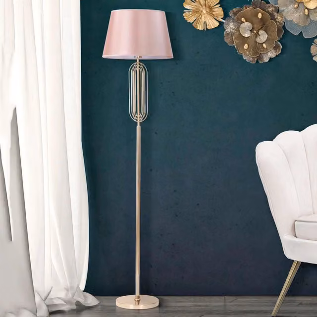 Abha, Lampada da Terra in Metallo e Tessuto Rosa e Oro, con Paralume Cilindrico e Attacco E27 – 1