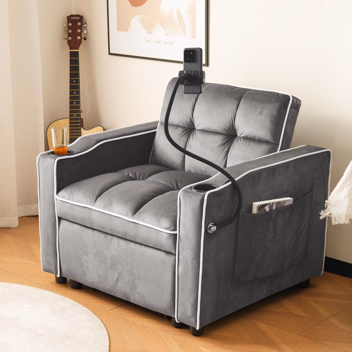 Divano letto estraibile 3-in-1 ZR Home in velluto grigio con struttura in metallo, portabicchieri e porta smartphone, L: 167 cm, P: 83 cm, H: 76 cm – 2