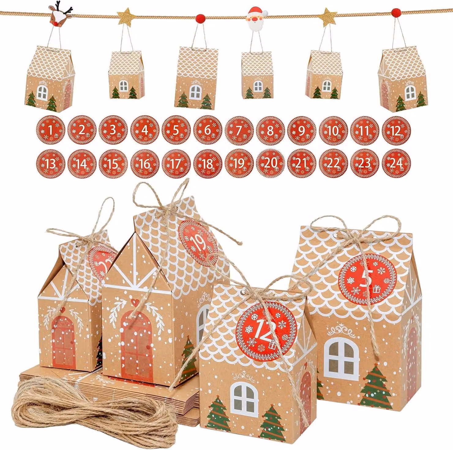 Calendario dell'Avvento fai-da-te da riempire: 24 casette con adesivi numerati - Scatole regalo natalizie da appendere o da posizionare