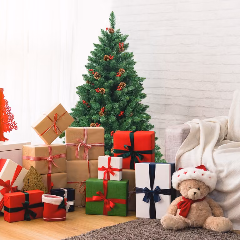 Albero di Natale da tavolo Costway verde con pigne decorative e base in metallo, Altezza: 135 cm