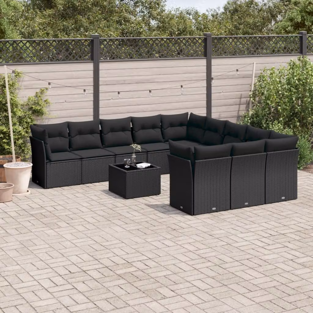 Set di divani da giardino vidaXL a forma di U in polyrattan nero con cuscini e tavolino da caffè – 1