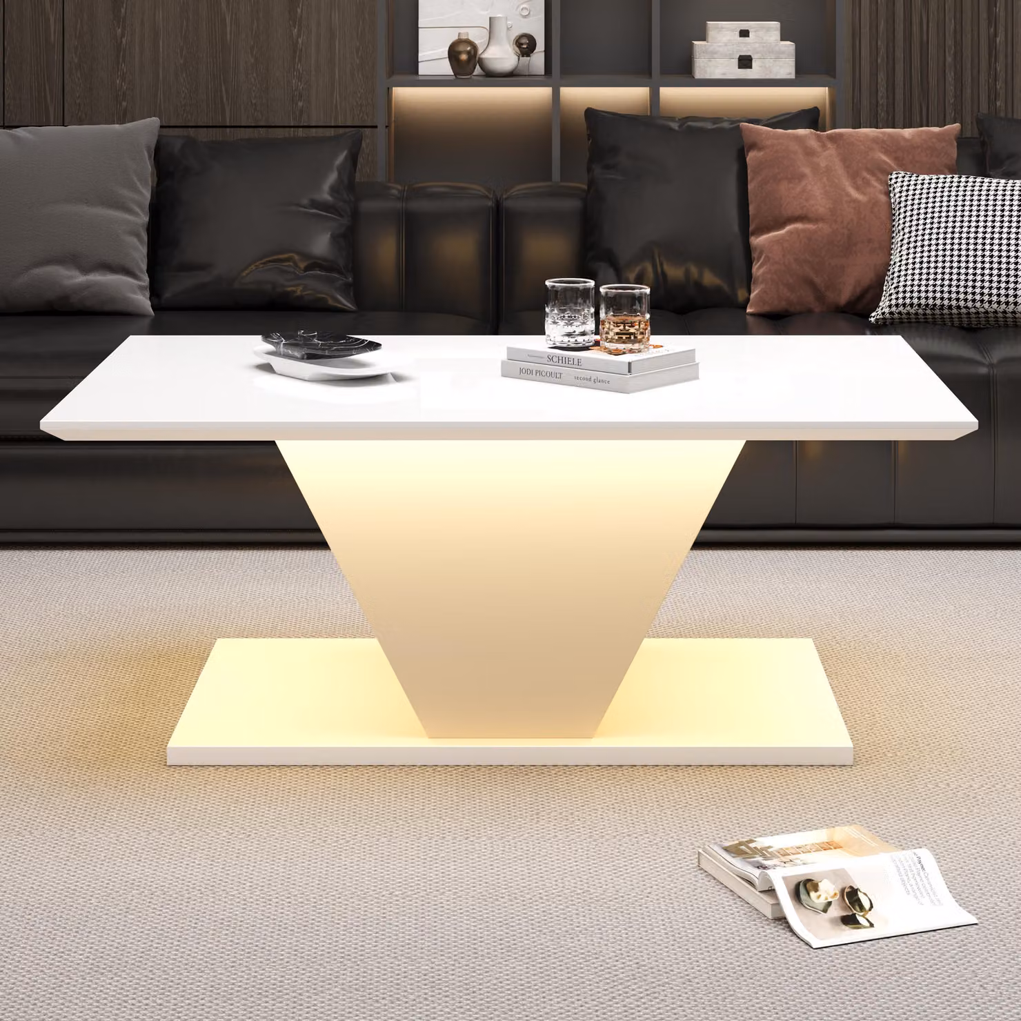 Tavolino da caffè, dimensioni 100 x 50 x 46 cm, realizzato in pannello di particelle di legno al 100%, colore bianco, forma a V, piano del tavolo in finitura lucida, con illuminazione a LED