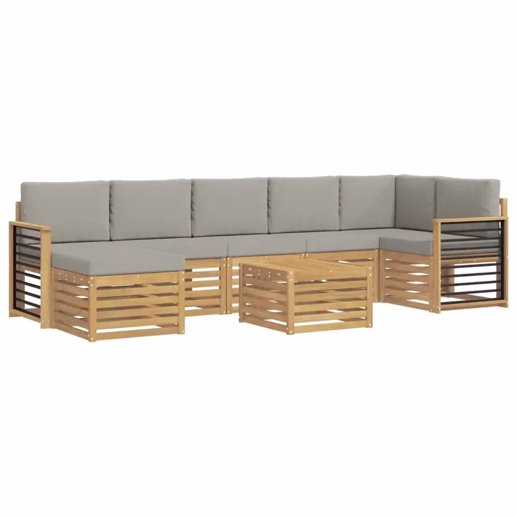 Set di divani da esterno a L con tavolo e pouf vidaXL, 8 pezzi, Bianco e Grigio, in legno di acacia e tessuto resistente ai raggi UV – 2