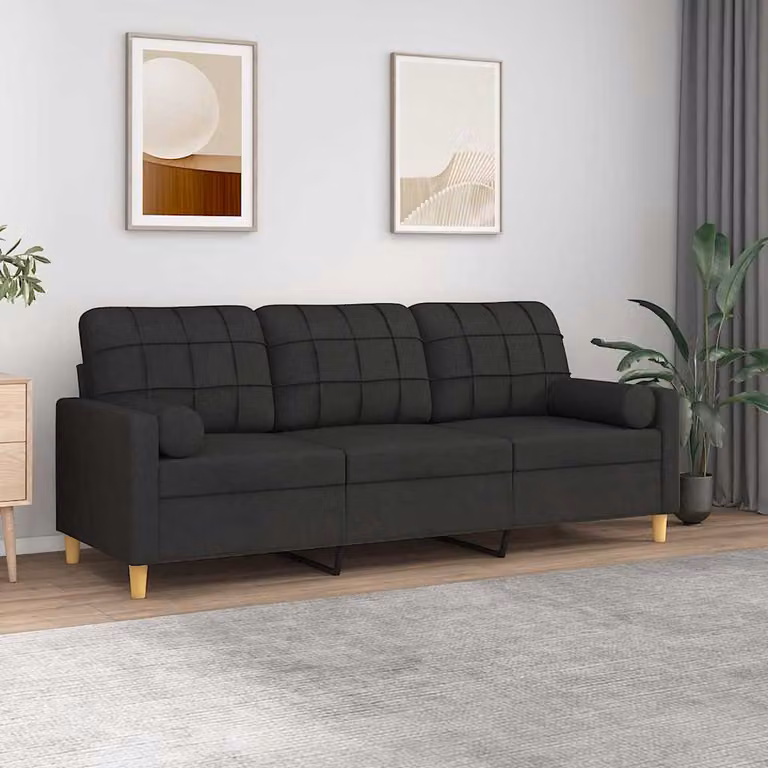 Divano a 3 posti moderno vidaXL in tessuto nero con cuscini e coperture rimovibili L: 198 cm, P: 80 cm, H: 77 cm