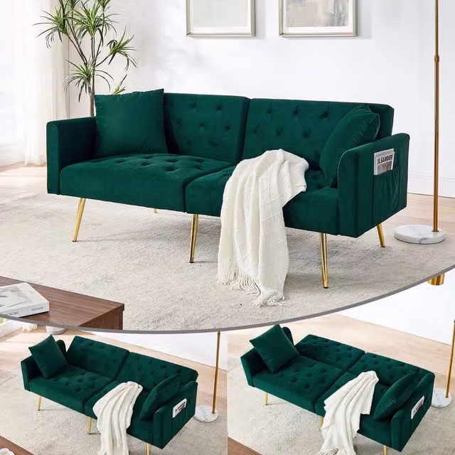 Divano 2 posti in velluto ¨C Minimal ¨C Verde, gambe in metallo, 2 cuscini, schienale regolabile