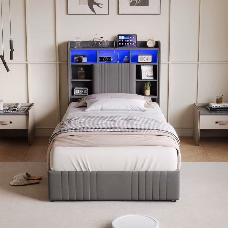 Letto singolo ProximaX 90x200 cm grigio con 2 cassetti, testiera con illuminazione a LED, stazione di ricarica e vano portaoggetti, copriletto in lino per camera da letto