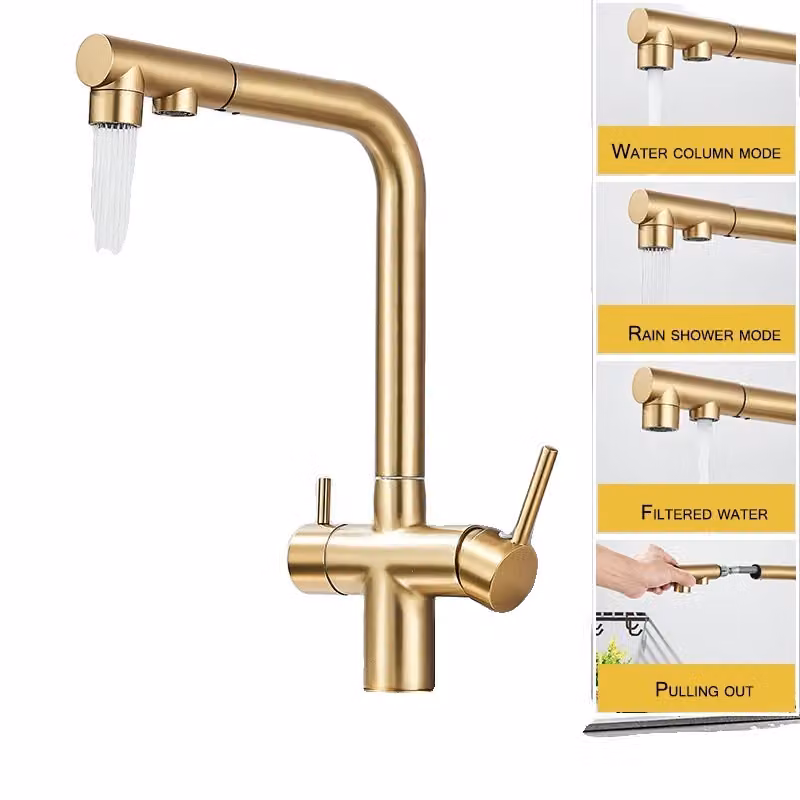Rubinetto da cucina con doppia maniglia, funzionalità acqua calda e fredda, struttura in ottone resistente, finitura oro spazzolato