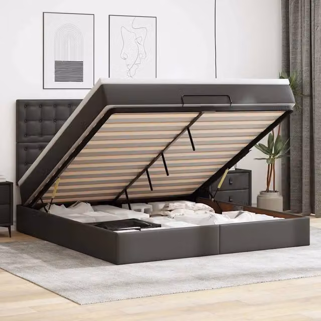 Letto con contenitore a sollevamento e materasso vidaXL in similpelle nero e bianco, dotato di illuminazione sottostante e porte USB, L/P/H: 203 x 160 x 118 cm
