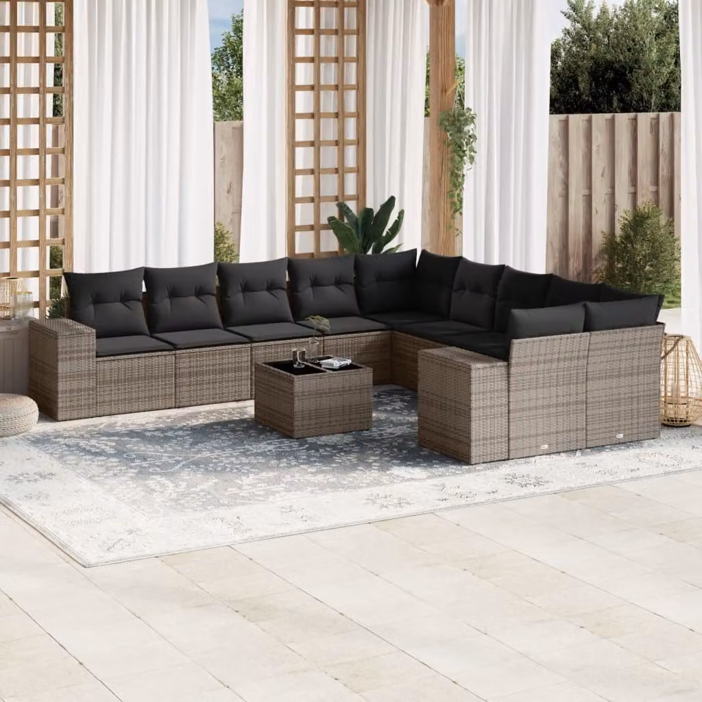 Set di divani da giardino vidaXL 11 pz in rattan grigio con cuscini e tavolino da esterno a forma di L – 1