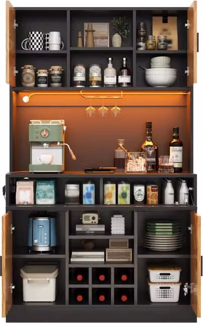 Mobile dispensa alto da cucina con LED RGB; 105 × 40 × 180 cm; MDF effetto legno naturale e telaio nero