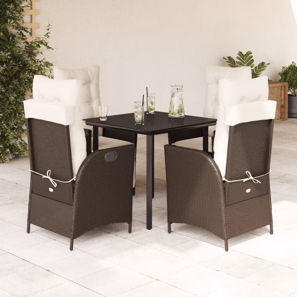 Set da Pranzo da Giardino 5pz vidaXL in Polyrattan Marrone con Cuscini e Tavolo in Vetro
