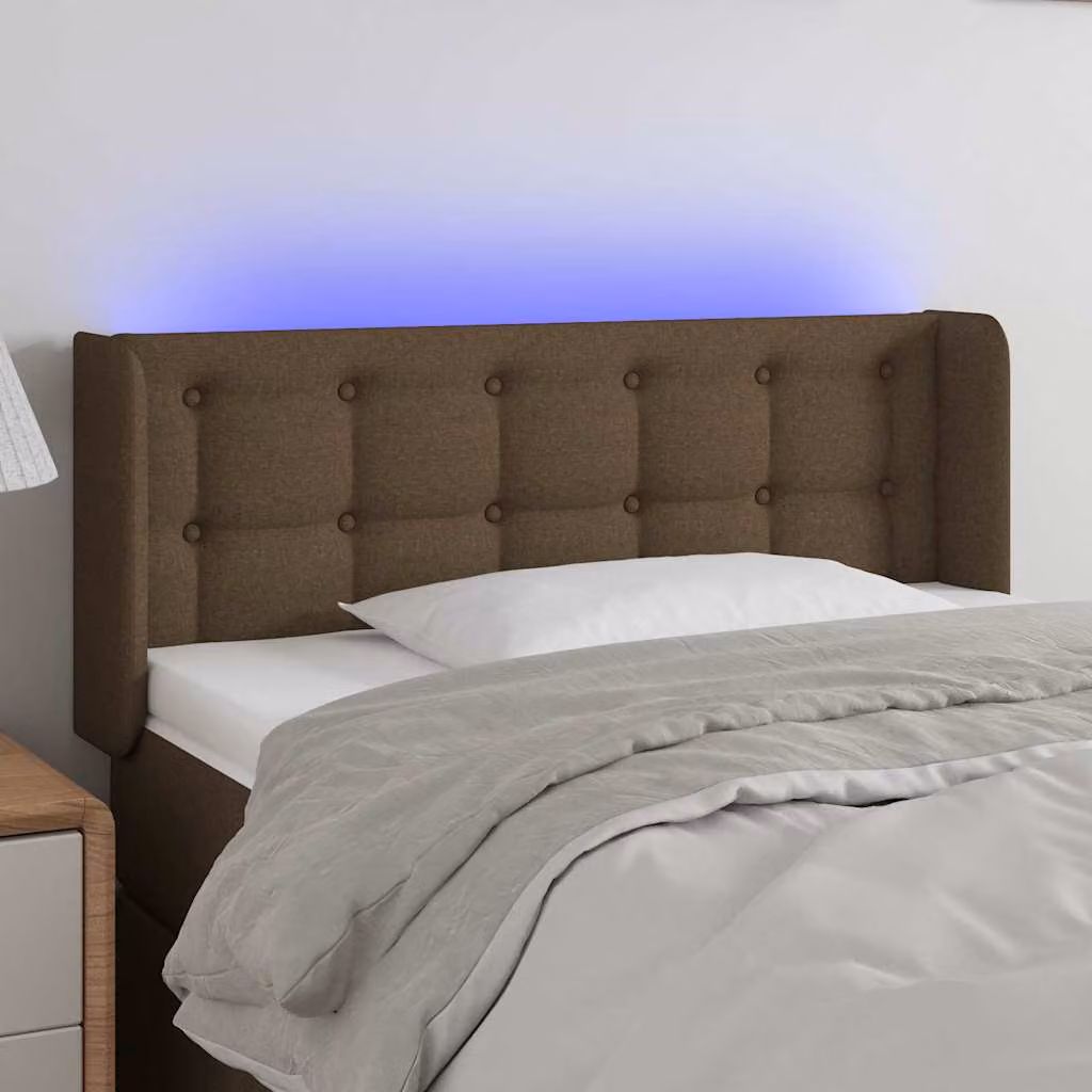 Testiera per letto vidaXL in tessuto marrone scuro con illuminazione LED e porta di ricarica USB, L 93 cm, P 16 cm, H 78-88 cm