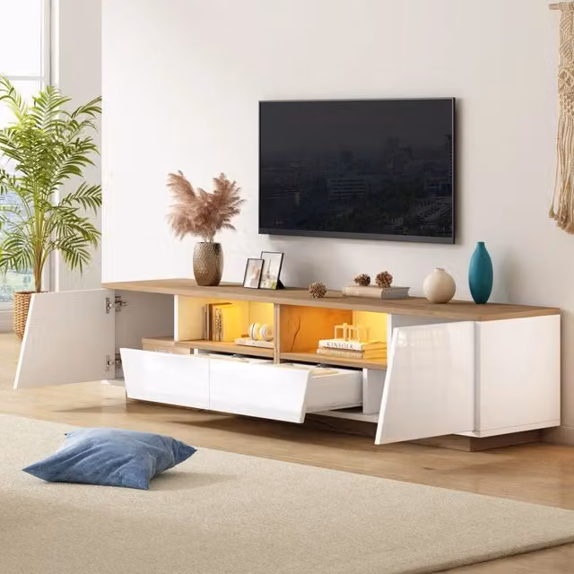 Mobile TV Mivray moderno con illuminazione LED controllabile via app, 2 cassetti e 2 vani semiaperti, bianco e beige, L/P/H: 180 x 40 x 46 cm