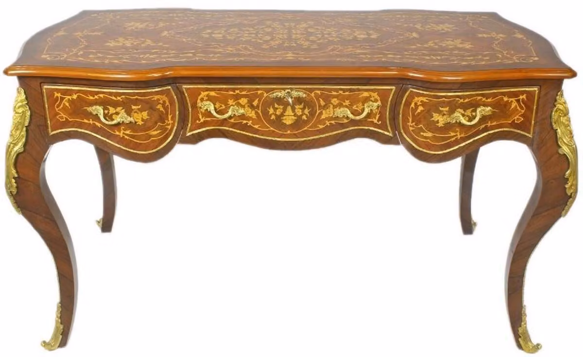 Casa Padrino Scrivania barocca marrone/oro 160 x 70 x h. 80 cm - Scrivania artigianale in legno massiccio con 3 cassetti e applicazioni in metallo massiccio - Mobili da ufficio barocchi
