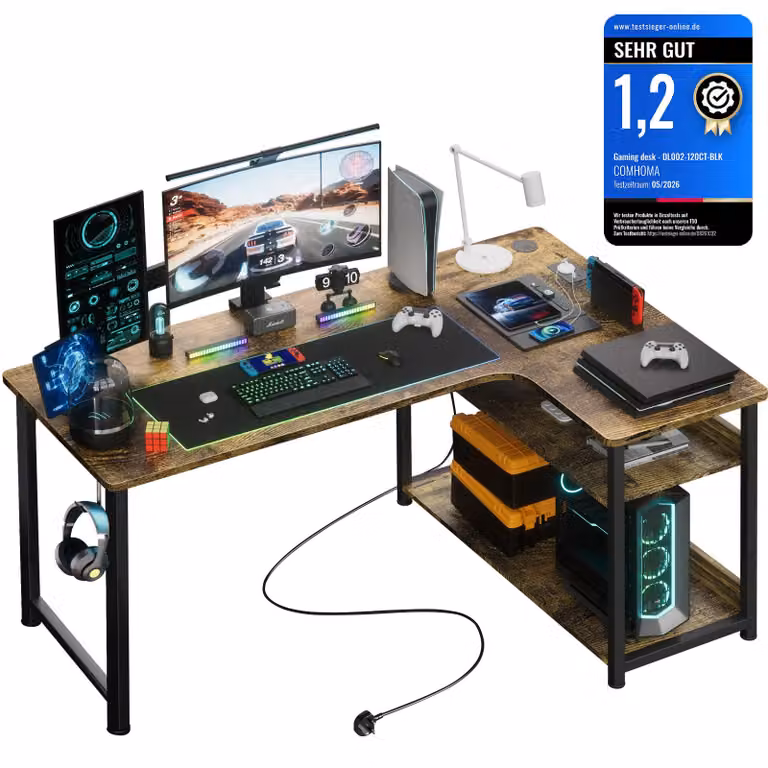 GTPLAYER Scrivania ad angolo Scrivania da gioco con ripiano Porta di ricarica USB e presa (1 scrivania), scrivania per computer da 120 cm a forma di L, scrivania per PC per ufficio