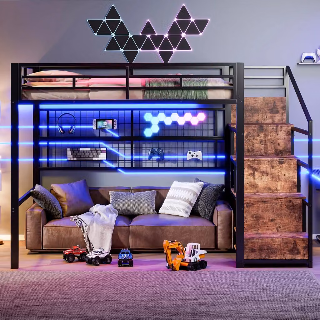 Letto a soppalco matrimoniale Chicfurn in metallo nero con scala, guardaroba, appendiabiti e illuminazione LED, L/P: 140 x 200 cm – 2
