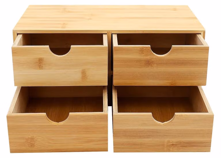 Organizzatore da scrivania in bambù - Contenitore con 4 cassetti - Multifunzionale - 33x19x16 cm - Ideale per ufficio e articoli da toilette - Colore legno