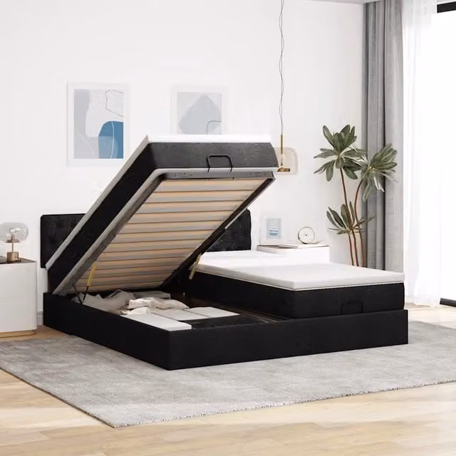 Letto con contenitore a sollevamento vidaXL in tessuto nero e bianco L: 180 cm, P: 200 cm, H: 88 cm