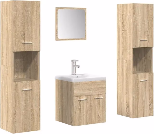 Set Mobili da Bagno Moderno 5 Pezzi in Legno e Vetro Bianco e Marrone con Specchio e Mensole Interne