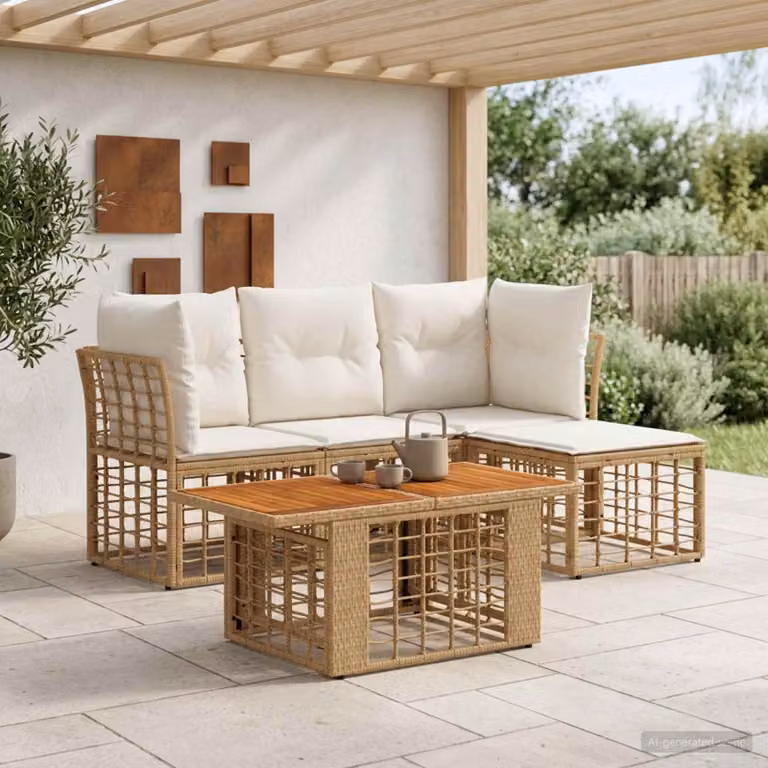 Set Divano da Giardino vidaXL 5 Pezzi in Polyrattan con Cuscini, Tavolino e Pouf, Colore Naturale e Bianco Crema